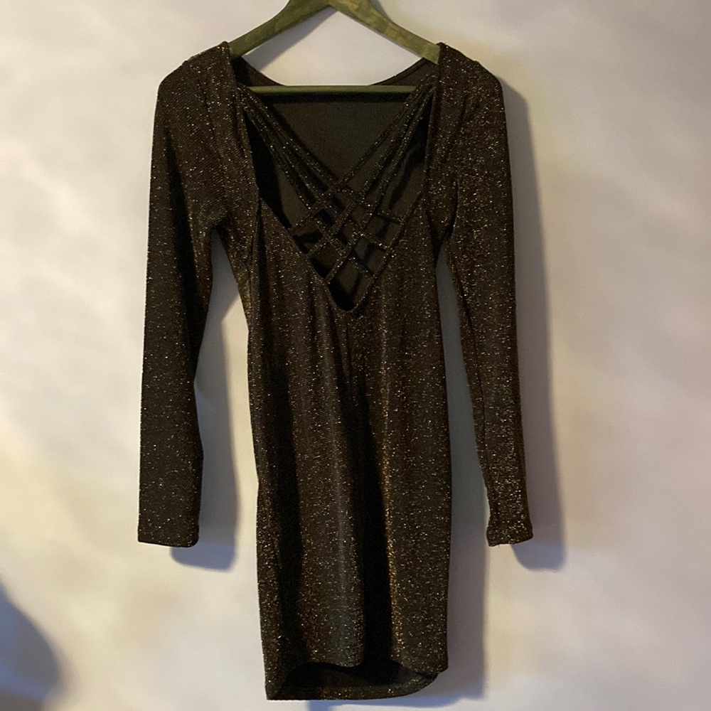 Fiestar Open Back Black and Gold Glitter Dress Size Medium - Picture 7 of 16